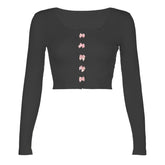 Bowknot textured long sleeve lace hem contrast crop top